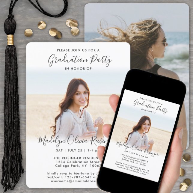 Invitation 2 Photo Graduation Party Simple Noir Blanc Script (Créateur téléchargé)