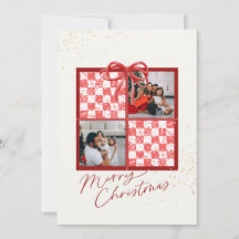 2-Photo X-mas Present Card Red Gingham Snowflakes