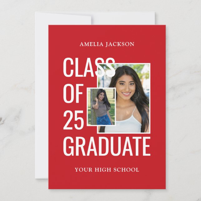 Invitation 2 Photos Classe De 25 Red & White Open House (Devant)
