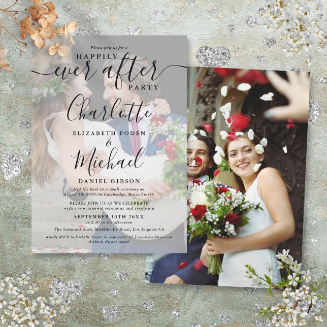 Invitation 2 Photos de mariage Script pour un bonheur éternel (2 Wedding Photos Happily Ever After Script Invitation)