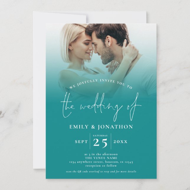 Invitation 2 Photos QR Jewel Tone Turquoise Purple Mariage (Devant)