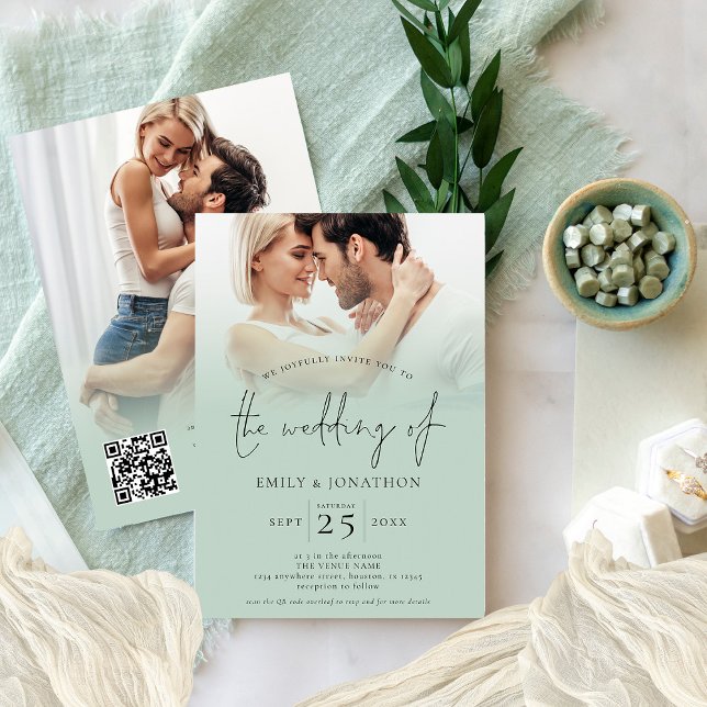 Invitation 2 Photos superposition Script QR Code Sage Mariage (Front and back view. Available printed or digitally. )