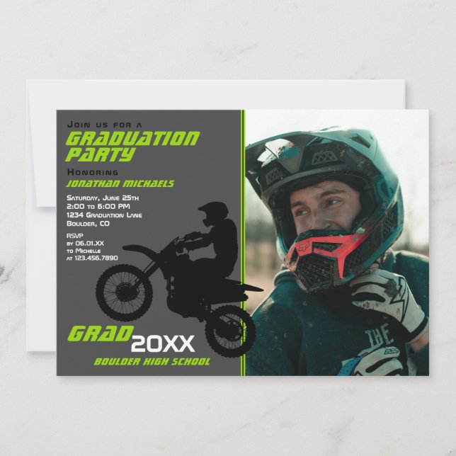 Invitation 2 PHOTOS Vélo Dirt Motocross Green Grey Graduation (Devant)