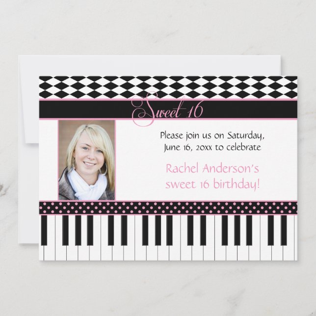 Invitation #2 Piano noir rose Thème Sweet 16 Anniversaire (Devant)