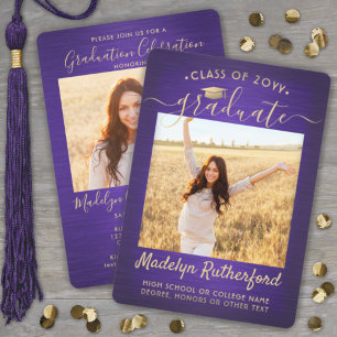 Invitation 2 Script de graduation photo brossé violet et or