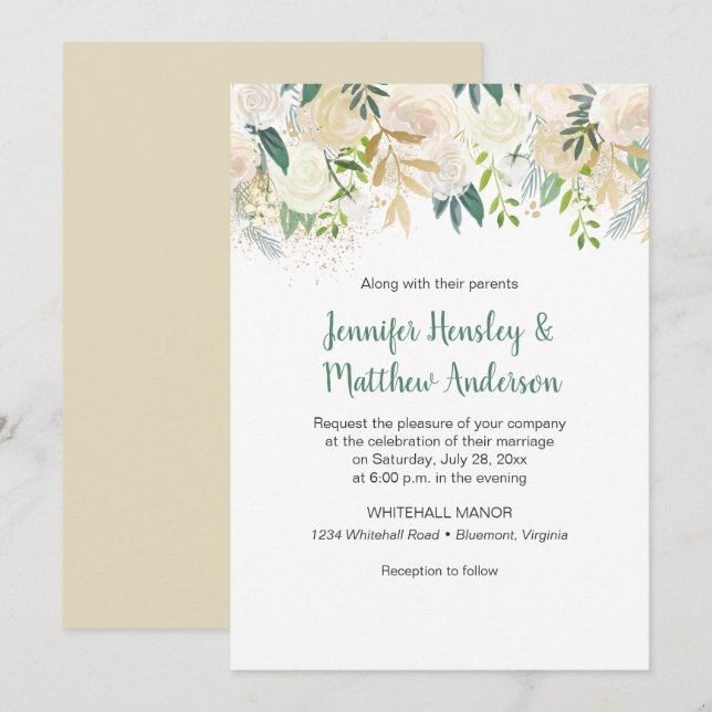 Invitation #2Cream White Roses Gold Parties scintillant Green (Devant / Derrière)