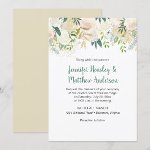 Invitation #2Cream White Roses Gold Parties scintillant Green