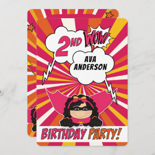 Invitation 2e anniversaire de la fête Superhero Pink Comic po