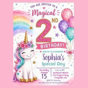 Invitation 2e anniversaire de la fille licorne magique