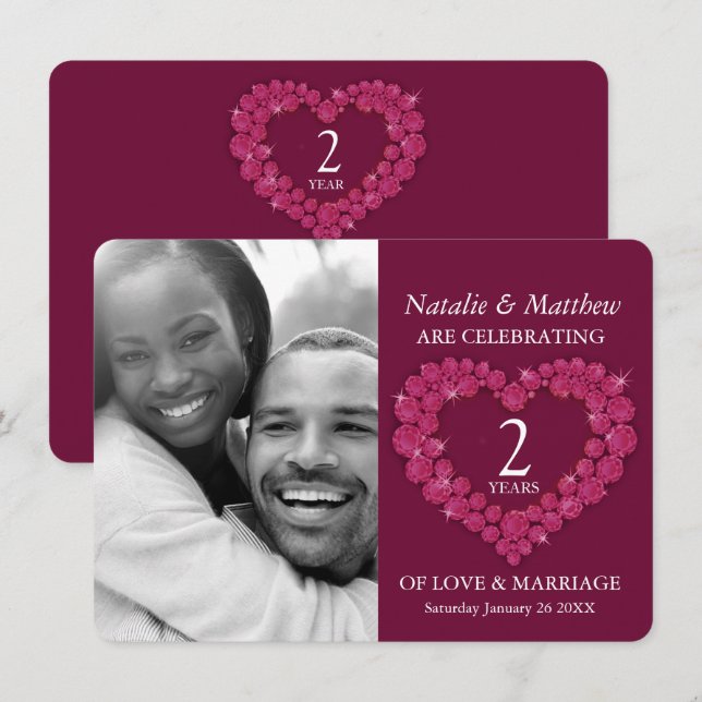 Invitation 2e anniversaire de mariage Grenat photo rouge  (Devant / Derrière)
