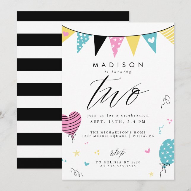 Invitation 2E ANNIVERSAIRE | Jolie fête d'anniversaire Doodle (Devant / Derrière)