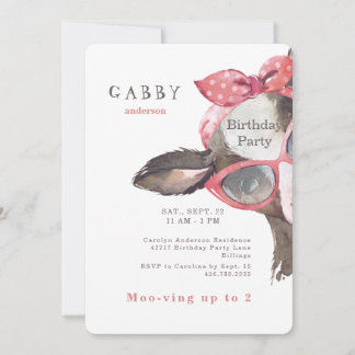Invitation 2e anniversaire Lunettes mignonnes sur vache rose