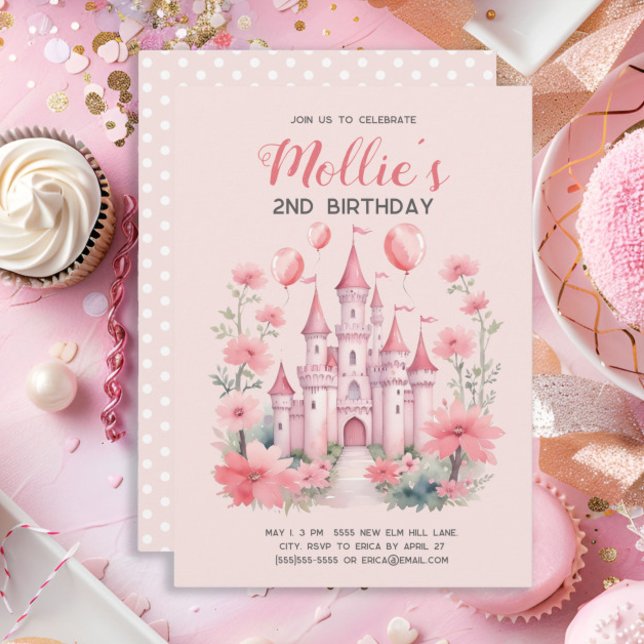Invitation 2e anniversaire Pink Princess Castle Balloons (Pink princess castle little girl's 2nd birthday party invitation)