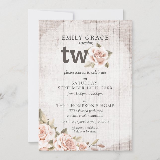 Invitation 2e anniversaire Rustic Wood Shabby Chic Rose Flora (Devant)