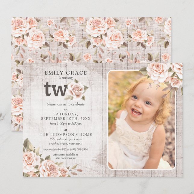Invitation 2e anniversaire Rustic Wood Shabby Chic Roses Phot (Devant / Derrière)