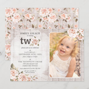 Invitation 2e anniversaire Rustic Wood Shabby Chic Roses Phot