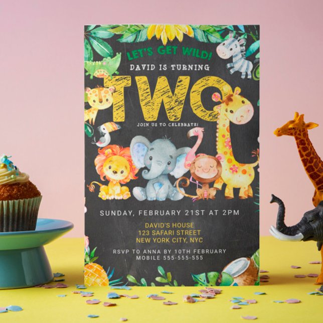 Invitation 2e anniversaire Safari Jungle Chalkboard Cute Kids (Safari Jungle Zoo Animals Chalkboard Party Birthday 2nd Birthday Template Kids Party)