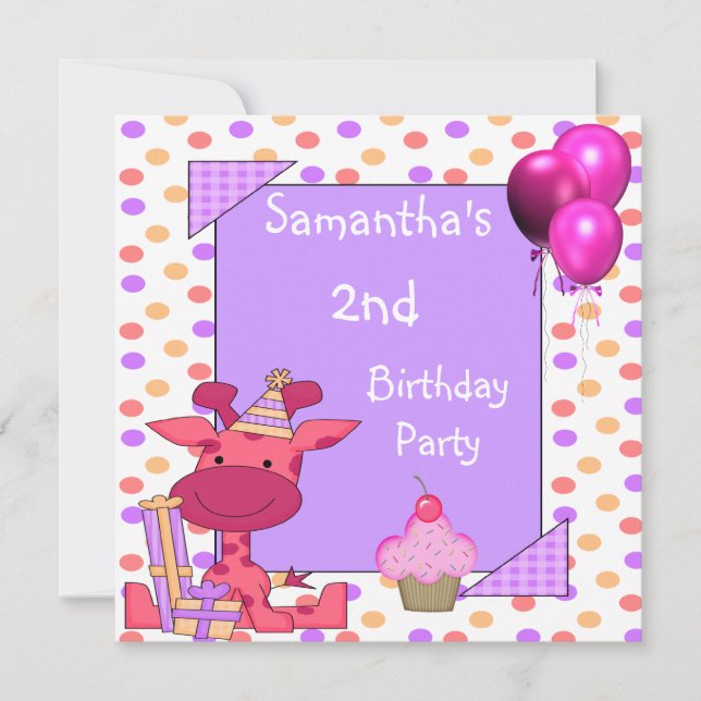 Invitation 2e Anniversaire Spots Giraffe Cupcake Balloons Mau (Devant)