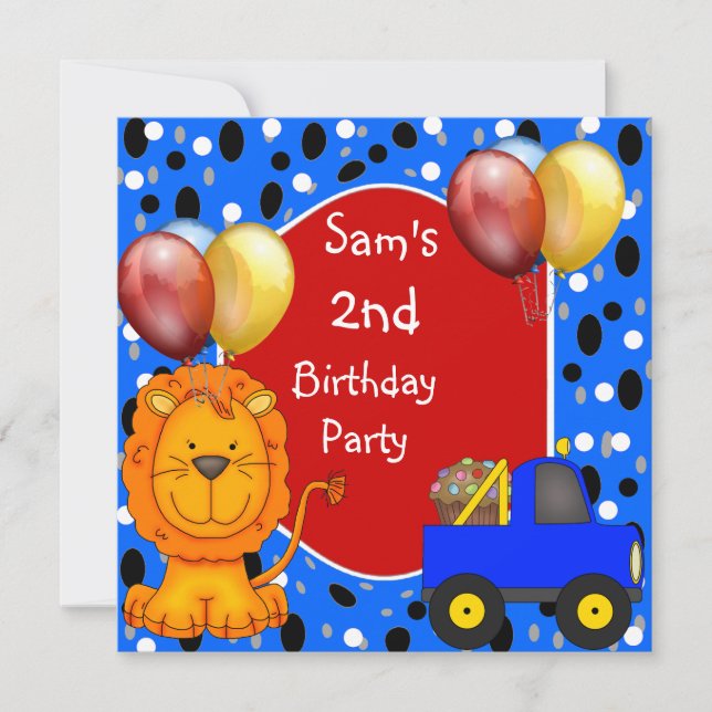 Invitation 2e Anniversaire Spots Lion Camion Cupcake Ballons (Devant)