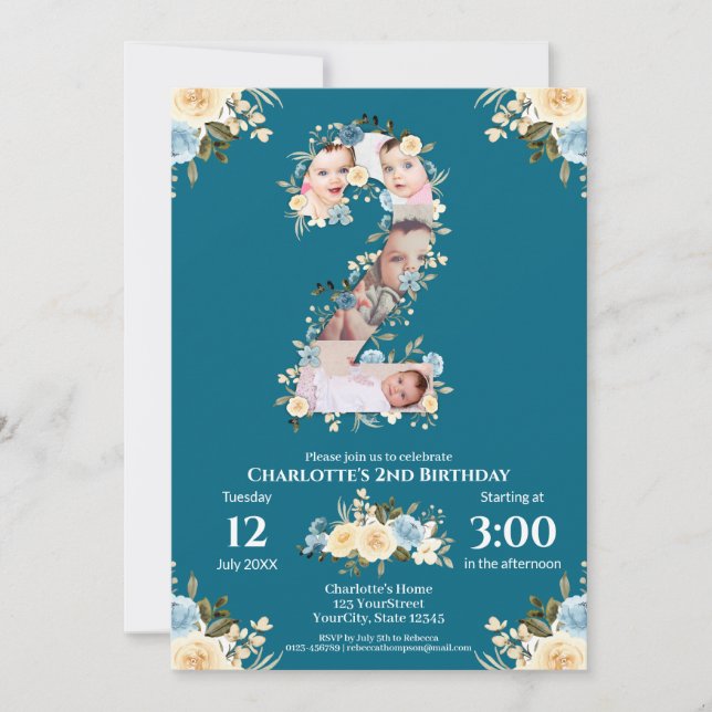 Invitation 2e anniversaire Turquoise Fleur photo Collage bleu (Devant)