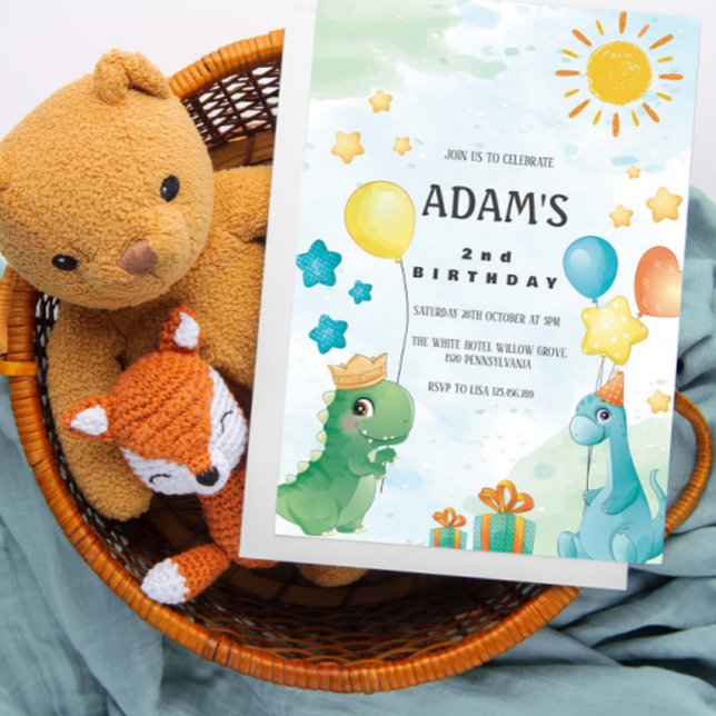 Invitation 2ème anniversaire Aquarelle Dinosaures Thème (Créateur téléchargé)