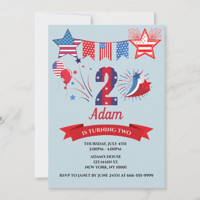 Invitation 2ème anniversaire garçon fille 4 juillet 4 juillet (Devant)