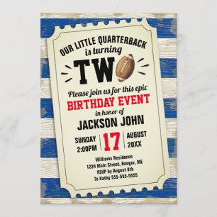 Invitation 2ème anniversaire Sports Football Billet Rustic Bl