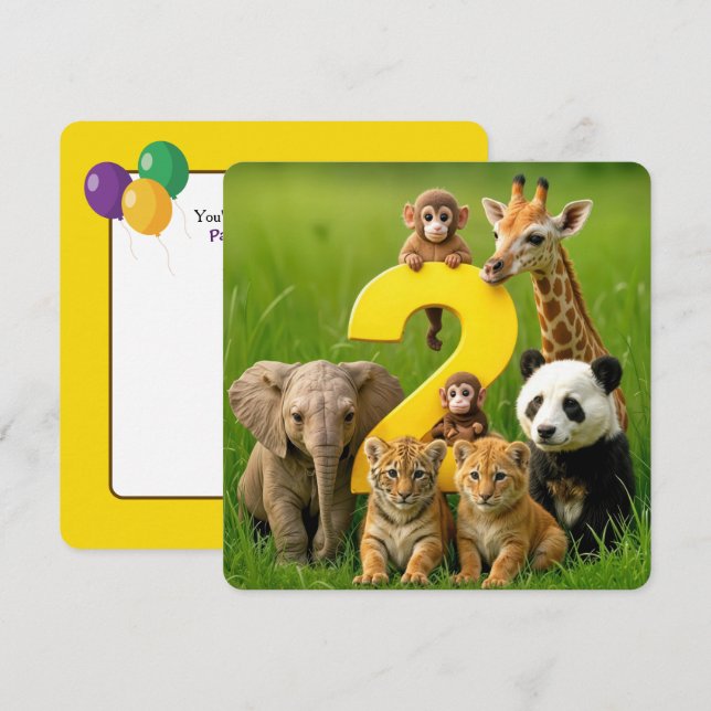 Invitation 2nd Birthday Party Wildlife Animal Babies (Devant / Derrière)