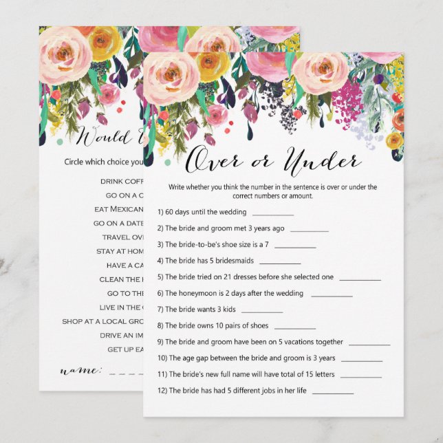 Invitation 2x Jeu de Fête des mariées Jardin Jeu 5x7 (Devant / Derrière)
