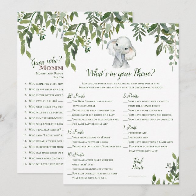 Invitation 2x Jeux Eléphant Baby shower 5x7" Taille (Devant / Derrière)