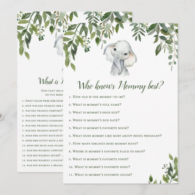 Invitation 2x Jeux Eléphant Baby shower 5x7" Taille (Devant / Derrière)