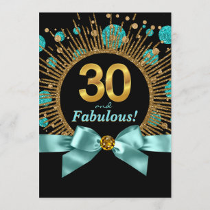 Invitation 30 ans femme bleu sarcelle et doré pail