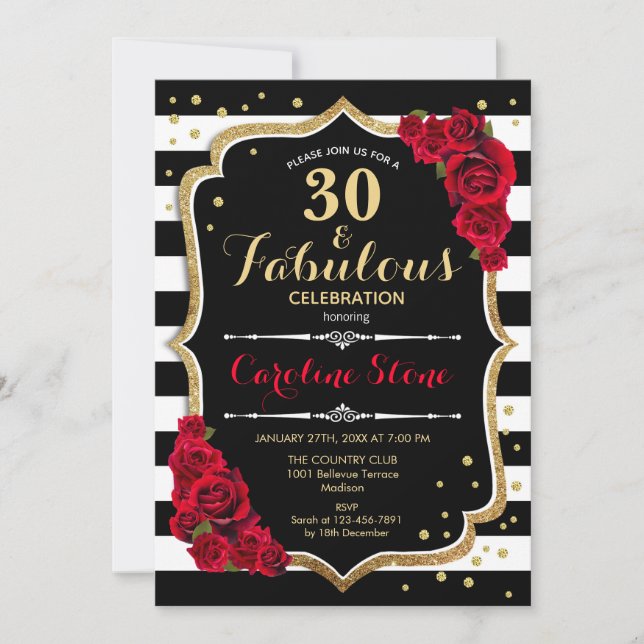 Invitation 30 Fabuleux anniversaire - Rose noir blanc rayures (Devant)