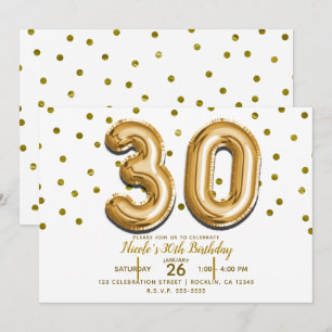 Invitation 30 Gold Balloons & Confetti 30e anniversaire