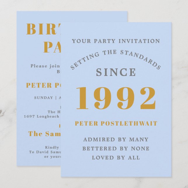 Invitation 30e anniversaire 1992 Blue Gold Elegant Chic (Devant / Derrière)