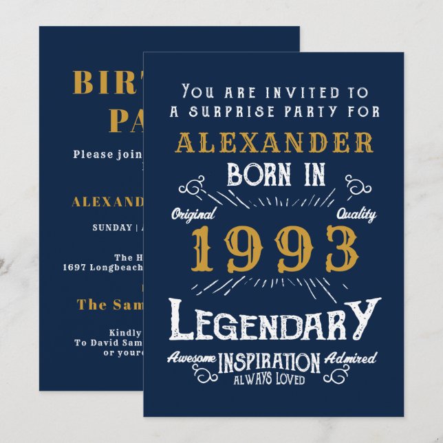 Invitation 30e anniversaire 1993 Blue Gold Retro Legend (Devant / Derrière)