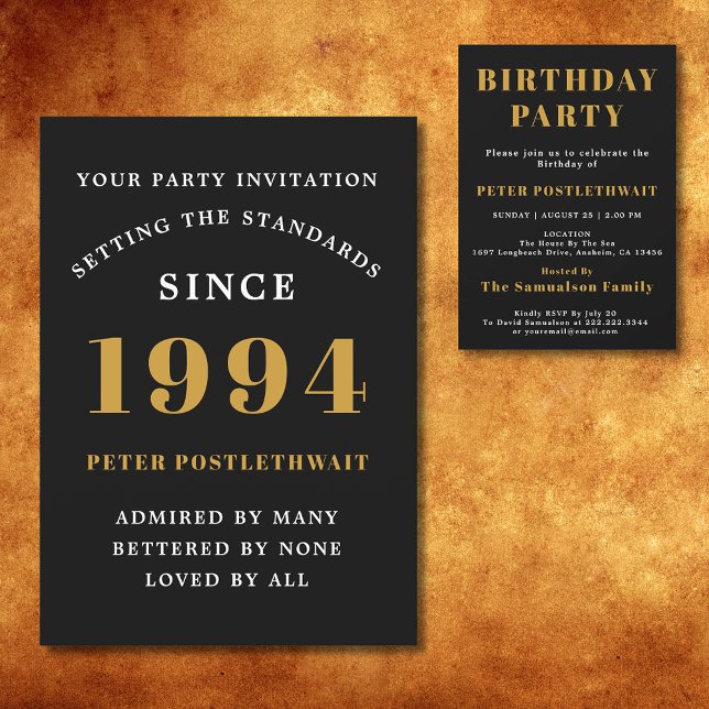 Invitation 30e anniversaire 1994 Black Gold Elegant Chic (Black and gold 30th birthday invitation for those born in 1994.)