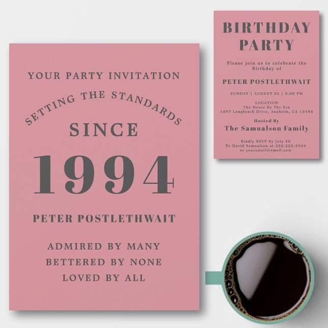 Invitation 30e anniversaire 1994 Rose Grey Elegant Chic (Personalized 30th birthday invitations in pink and grey for those born in 1994.)