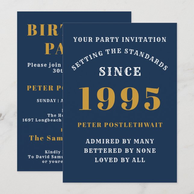 Invitation 30e anniversaire 1995 Blue Gold Personnalisé Pour  (Devant / Derrière)