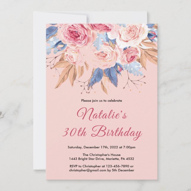 Invitation 30e anniversaire Aquarelle Botanique Rose Floral (Devant)