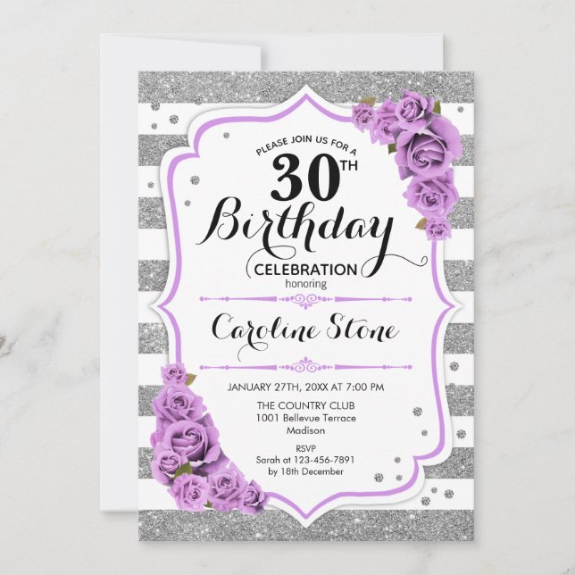 Invitation 30e anniversaire - Argent blanc rayures Roses viol (Devant)