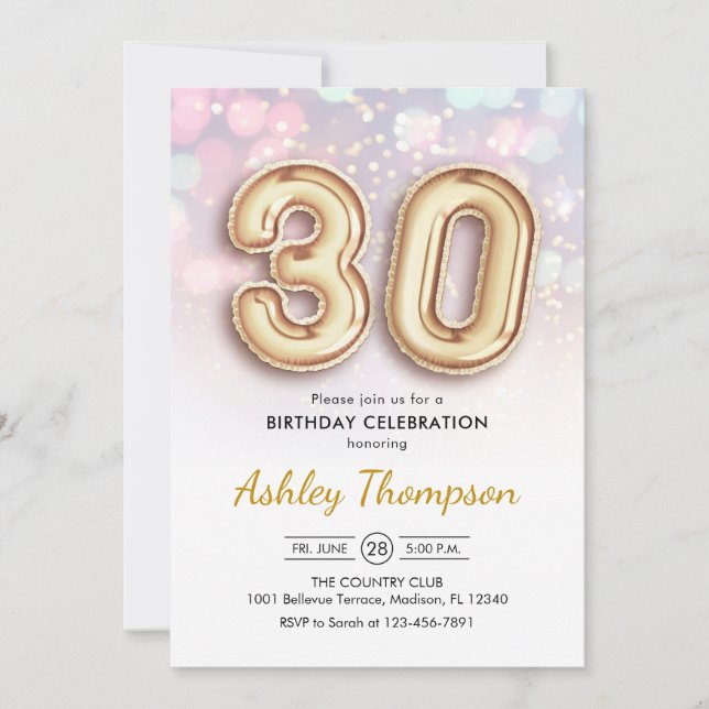 Invitation 30e anniversaire - Ballons d'or Lumières roses (Devant)