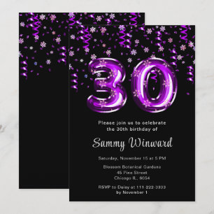 Invitation 30e anniversaire Ballons violets Snowflake Confett