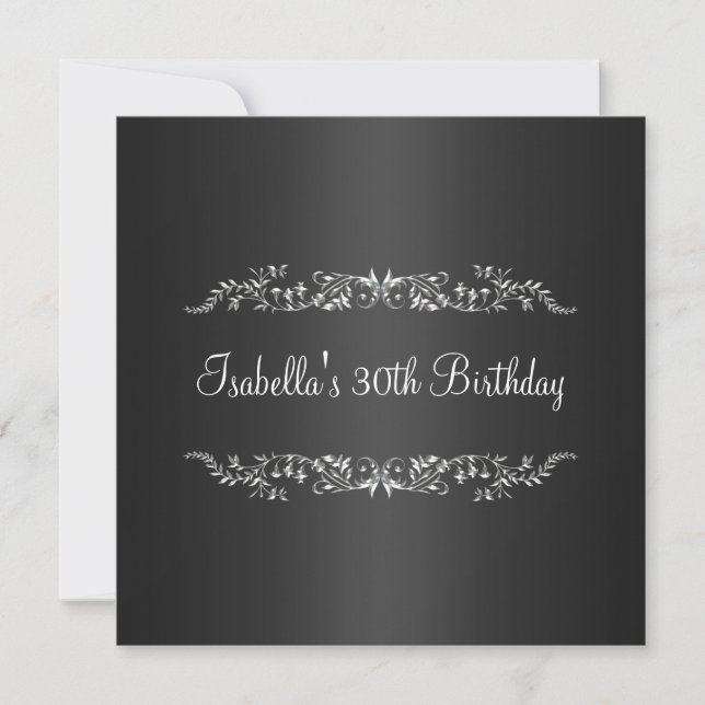 Invitation 30e anniversaire Black & Silver Floral Metal (Devant)