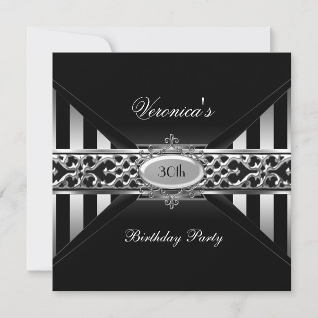 Invitation 30e anniversaire Black White Stripe Argent (Devant)