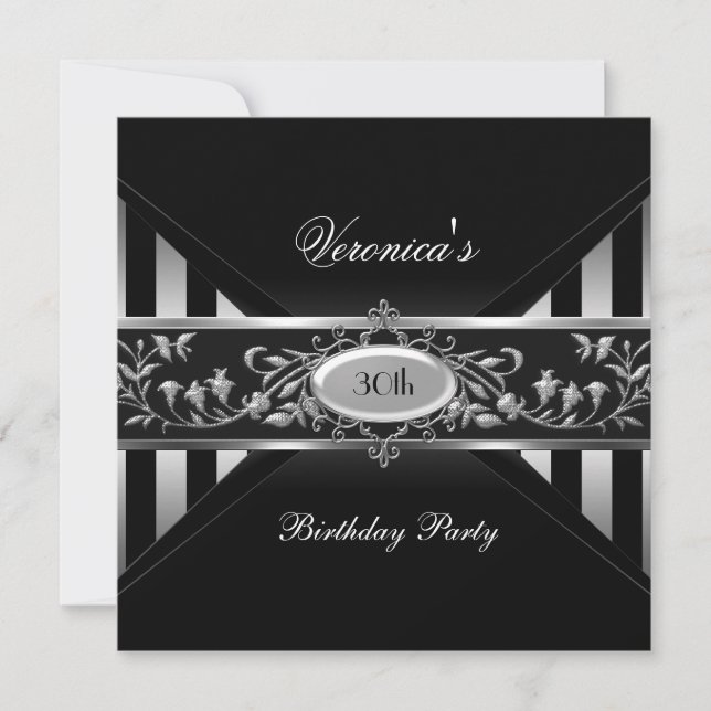 Invitation 30e anniversaire Black White Stripe Silver Floral (Devant)