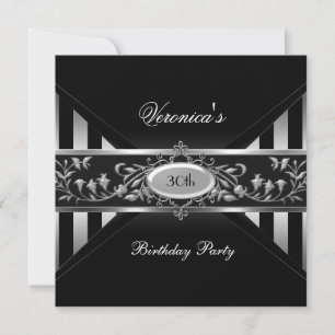Invitation 30e anniversaire Black White Stripe Silver Floral