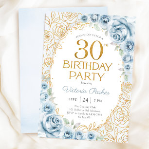 Invitation 30e Anniversaire Bleu Poussiéreux Or Floral Fémini