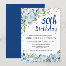 30e anniversaire Blue Floral Aquarelle or Confetti