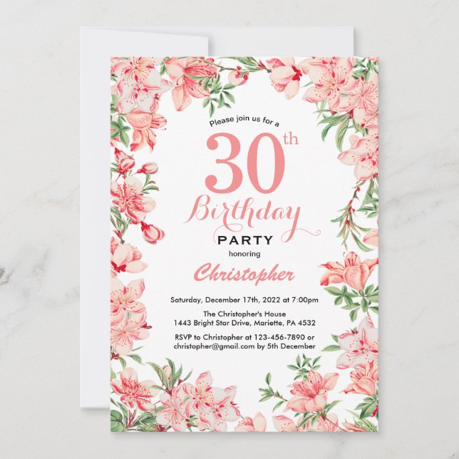 Invitation 30e anniversaire Boho rose fleurs botaniques flora (Devant)